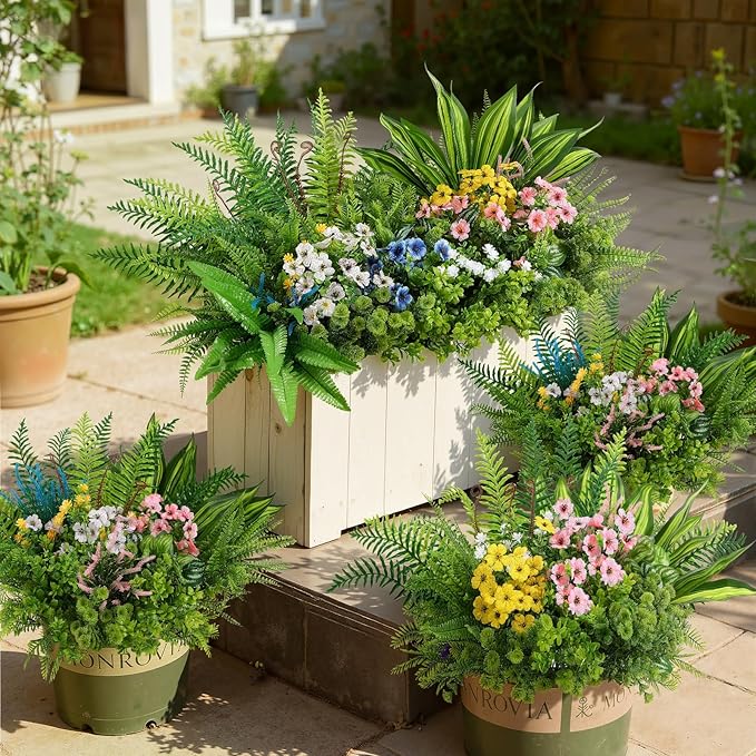 Alupssuc 24Pcs Artificial Flowers and Plants,UV Resistant & No Fade Fake Plastic Greenery Shrubs for Home Garden, Pathway, Front Porch-Spring Summer Decor, Indoor/Outdoor Use,Pink Blue Yellow White