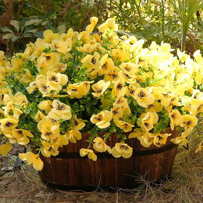Artificial Flowers for Outdoor, UV Resistant Fake Silk Pansies Flowers, Realistic Faux Plants for Outside Indoor Porch Patio Window Box Planter Home Decor (16, Yellow)