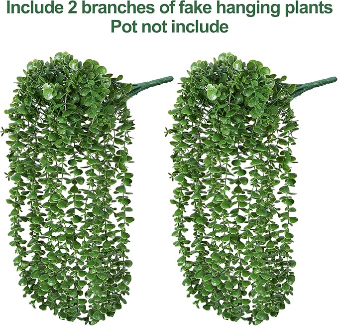 Faux Outdoor Plants Fake Hanging Plants for Outdoors Outside Decorations, 2 Pcs Green Faux Eucalyptus Vines Realistic UV Resistant Artificial Greenery for Planters Porch Garden Yard Front Door Patio