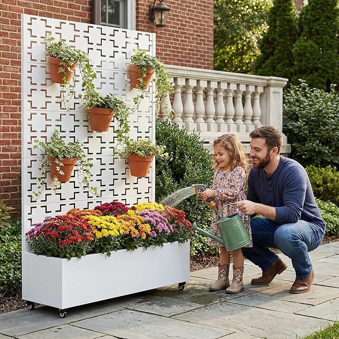 Casaphoria Metal Raised Garden Bed with Trellis and Wheels, 72"x47"x16" Arched Planter Box for Climbing Plants, Vegetables & Vines, Features Drainage Holes and Privacy Screen, White-Square