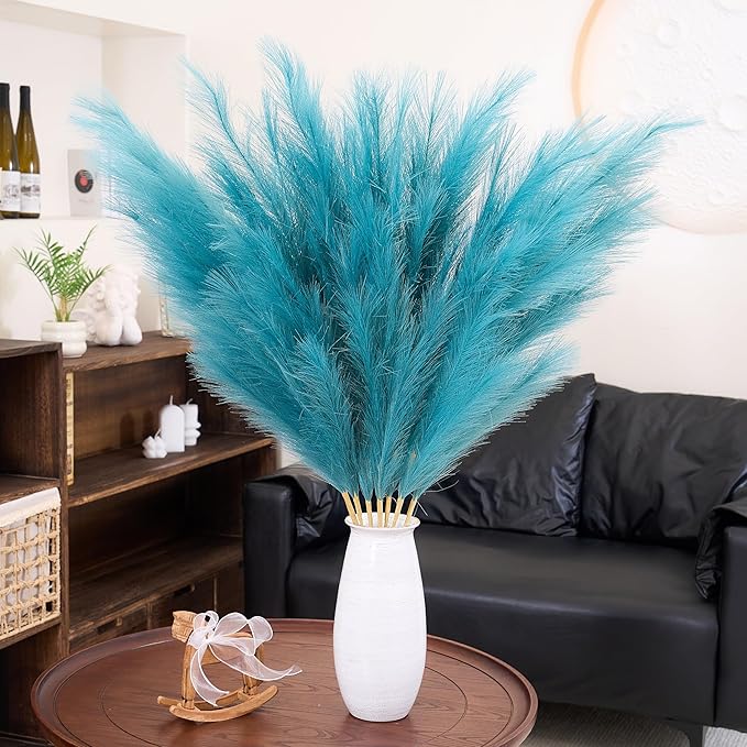Premium Faux Teal Pampas Grass Decor 8pcs 43.3″ 110cm– Peacock Teal Tall Fluffy Feather Flowers, No Assembly 18-Branch One-Piece Stems for Boho Wedding & Coastal Home Decor, Floor Vase Accent