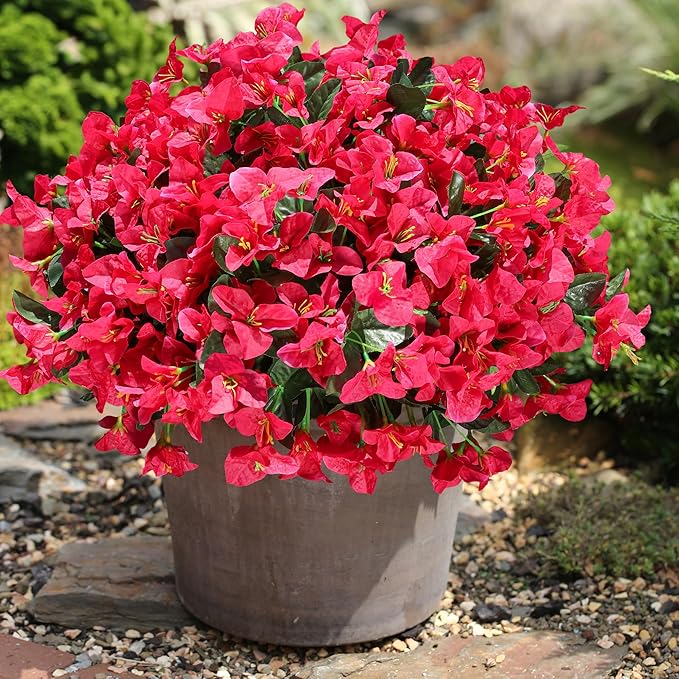 Fake Bougainvillea Artificial Flowers for Outdoors Spring Decor, 4 Bundles Outdoor Bougainvillea Silk Flowers for Outside Faux Plants UV Resistant Realistic for Planter Patio Porch Garden, Hotpink