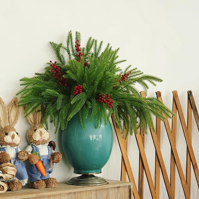 12pcs Christmas Norfolk Pine Branch with Berry Set, 18 Inches Artificial Norfolk Branch 6pack, Faux Berry Stem 6pack,Fake stem Greenery Pine Picks for Indoor Home Vase DIY Outdoor Wreath Decoration