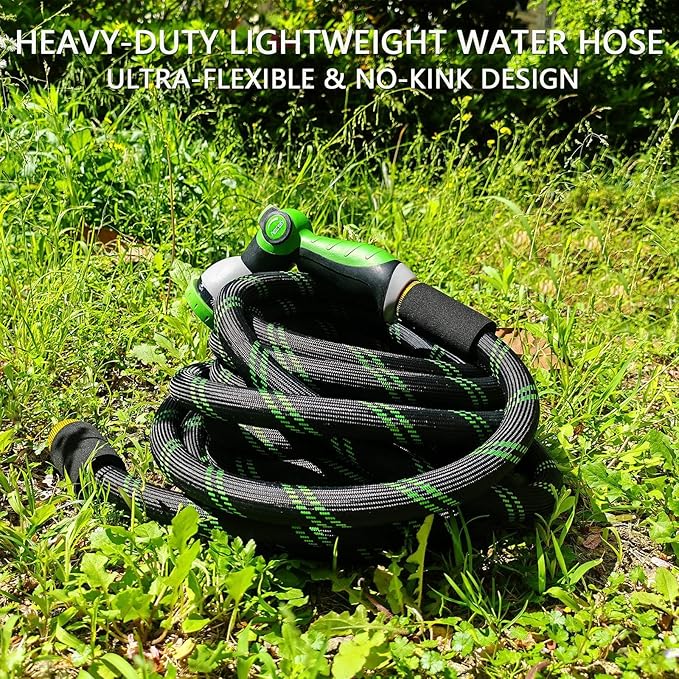 Garden Hose 25 FT, NON-EXPANDABLE Heavy-Duty Flexible & Lightweight Water Hose with 10-Function Nozzle, No-Kink, Leak-Proof Super Fabric, Solid Fittings for Lawn, Car, Outdoor (Black Green)