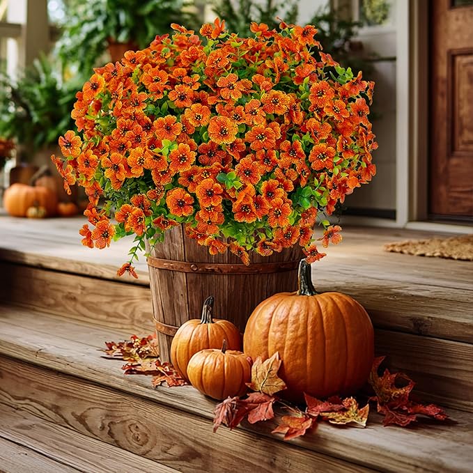 AXYLEX Artificial Fall Flowers Outdoor Fake Mums - 16 Bundles Fake Plants UV Resistant No Fade Faux Plastic Greenery Garden Porch Patio Fall Home Decor (Red Orange16)