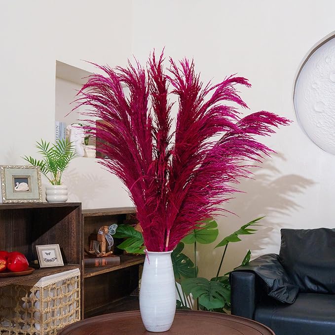 Hot Pink Pampas Grass Tall for Floor Vase Decor,Long Natural Pampas Grass, Large Dried Pompas Floral, Elegant Feather Flowers,Wedding Living Room Decorations (Natural Purple Red, 4pcs 43.3"(110cm))