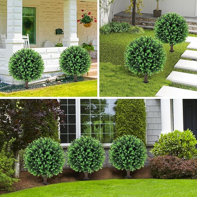 Artificial Green Eucalyptus Topiary Ball Tree 24" with Ground Spike, Set of 2 Artificial Boxwood Bushes for Faux Shrubs, Fake Evergreen Faux Plant for Indoor Outdoor Garden -UV Resistant–Fade-Proof