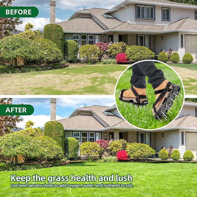Ohuhu Lawn Aerator Shoes with Stainless Steel Shovel, Free-Installation Aerating Shoe with Hook&Loop Straps, Heavy Duty One-Size-Fits-All Spiked Aerating Sandals for Garden Grass