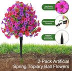 Alupssuc 2Pcs 20" Artificial Topiary Ball Flowers for Outdoors, Spring Decoration with Spike, UV Resistant Faux Summer Plants, Fake Bushes Indoor Decor, Red Rose Purple for Garden, Porch & Patio, Home