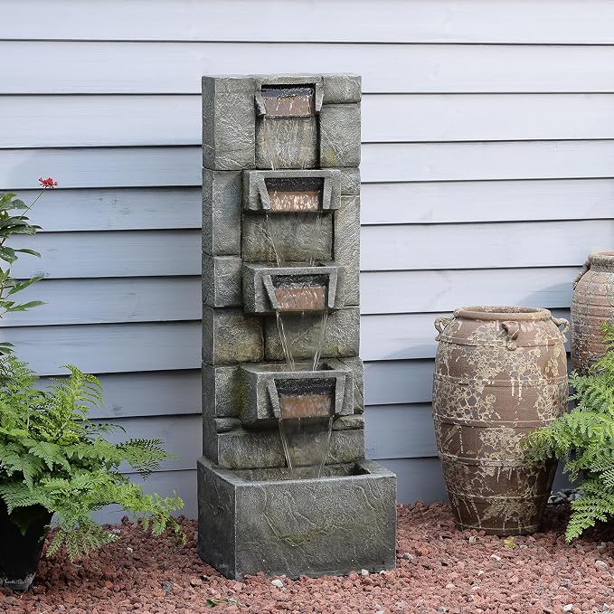 Outdoor Waterfall Fountain with LED Lights, 41” Tall Stone-Look Cascading Water Feature for Home Décor, Realistic Flowing Water Sound for Relaxation, Freestanding Indoor/Outdoor Fountain