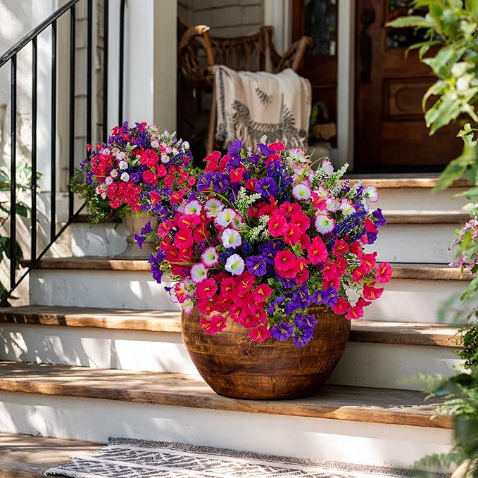 Artificial Flowers Outdoor Morning Glory - 16 Bundles Fake Plants UV Resistant No Fade Faux Plastic Greenery Home Garden Porch Decoration Indoor (1, Multi16-3)