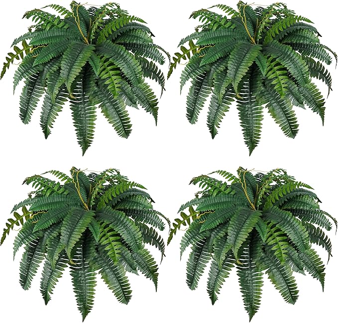 Der Rose 4 Pack 45 inch 60 Leaves Fake Ferns Large, UV Resistant Artificial Plants Outdoor Faux Boston Ferns Bush Plants for Home Porch Patio Hanging Decor