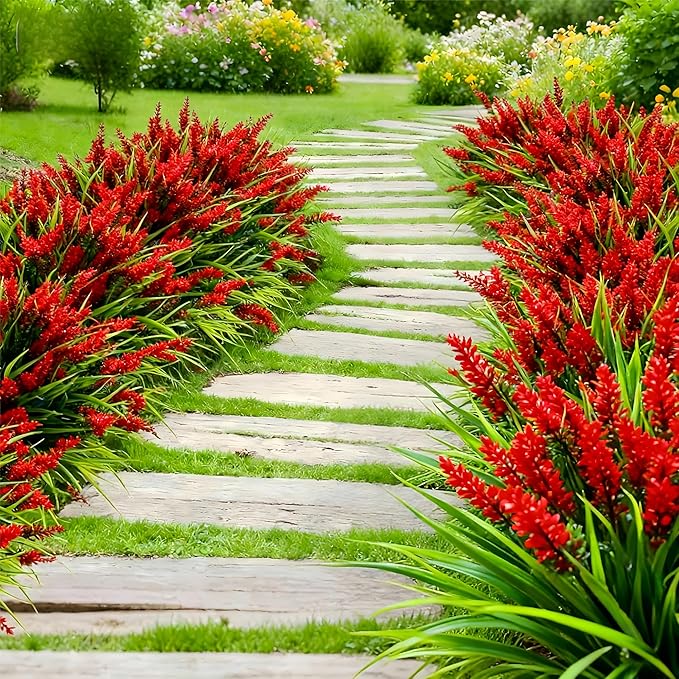 Geegoods Artificial Plants Flowers Outdoor – 48 Bundles UV Resistant Faux Lavender Flowers with Monkey Grass for Garden Porch Window Patio Hanging Planter Decor
