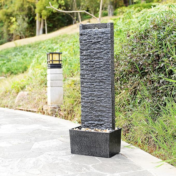 Water Fountain Outdoor, Floor Standing LED Illuminated Water Flow Elegant Water Fountain Pump 38.5" with Pebble Base for Garden, Patio and Yard (24372)