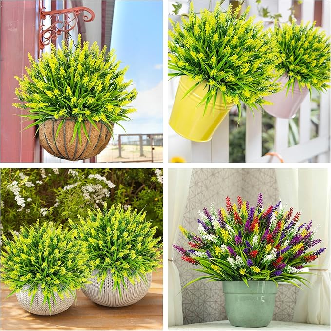Bassion 24 Bundles Artificial Flowers for Outdoors, Fake Lavender Flowers with Monkey Grass UV Resistant Plastic Faux Plants for Outside Hanging Planter Window Box Garden Patio Front Porch Home Decor
