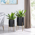 Oakrain Planters for Indoor Plants, Set of 2 Mid Century Modern Planter with Stand, Decorative Metal Planter Pots for Living Room, Office, Garden or Balcony, Matte Black, 10"&12"
