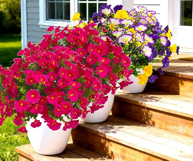 Artificial Faux Flowers for Outdoors, 12 Bundles Artificial Plants Outdoor UV Resistant, Fake Morning Glory Silk Flowers for Outside Planter Porch Patio Yard-Rose Red