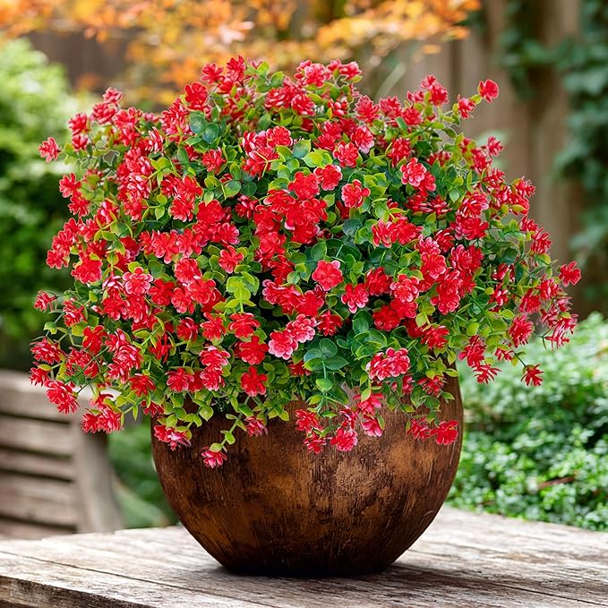 Artificial Flowers for Outdoors Fake Plants - 12 Bundles Faux UV Resistant No Fade Plastic Greenery Home Garden Porch Patio Decoration Boxwood Shrubs (Red)