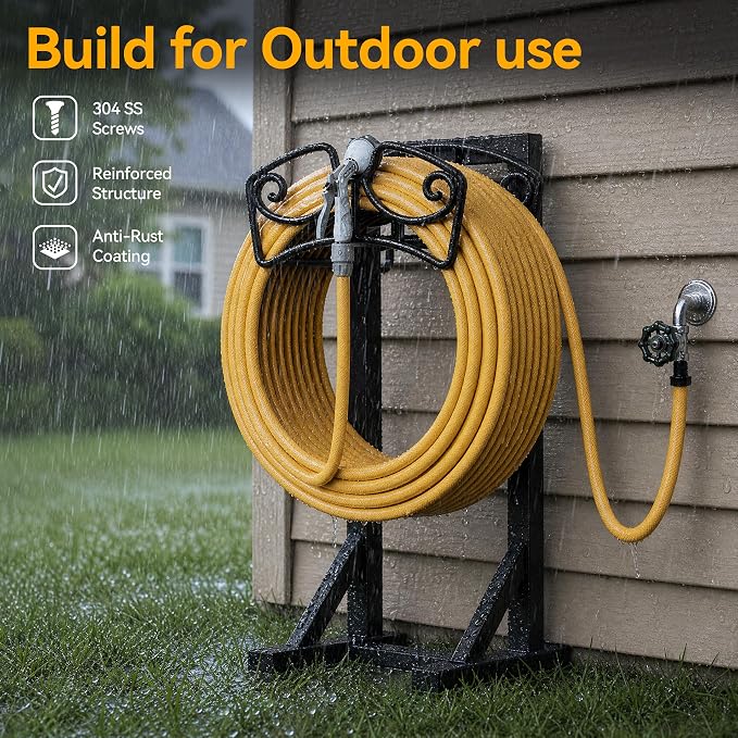 Garden Hose Holder Stand, Freestanding Metal Water Hose Storage Rack with Hooks for Outside Yard Lawn, Heavy Duty