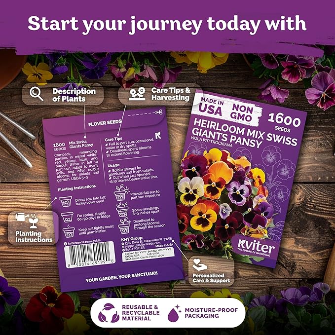 KVITER 1600 Swiss Giants Pansy Seeds For Planting (Viola wittrockiana) – Mixed Colors Seed Packets Viola Edible Blooms – Perennial Flower Seeds to Plant Outside Garden Seed Mix, Containers Flower Beds
