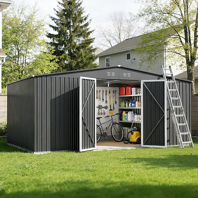 14 x 12FT Sheds & Outdoor Storage, Dark Grey Metal Waterproof Storage Shed with Door and Lock Outdoor Shed,All-Weather Shelter for Bike, Gardening Tools, Lawn Mowers