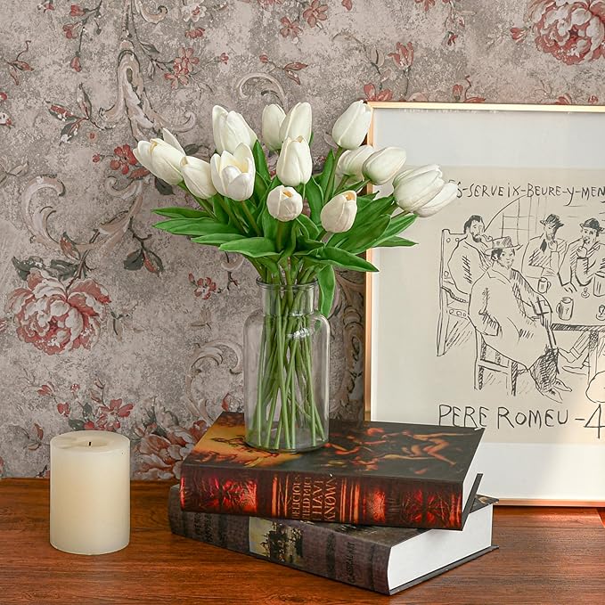 Mandy's White Artificial Tulips Flowers Centerpiece, 13.5" Lifelike PU Fake Floral Stems 60pcs for Kitchen Island & Dining Table, Spring Decor for Easter