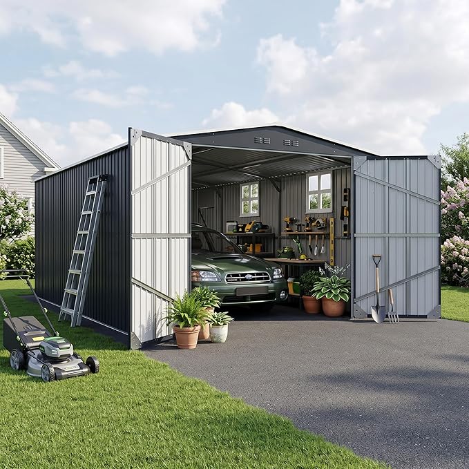 Polar Aurora 12x20 FT Outdoor Storage Shed, Large Garden Shed with 2 Windows & Lockable Doors, Garage Car Shelter with Side Door & Air Vents for Backyard Garden Patio Lawn, Cars Trucks Boat, Black
