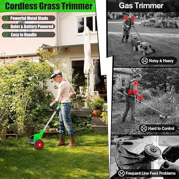 Cordless Electric Weed Wacker Eater 21V Battery Powered Stringless Weed Trimmer with 4 Types Blades & Wheels, 3-in-1 Grass Trimmer/Lawn Edger/Brush Cutter, Lightweight Garden Tool for Garden Yard