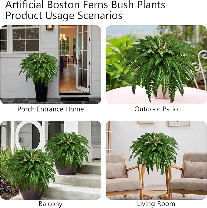 48In Artificial Boston Ferns Bush, Set of 2 Large Faux Ferns Plants, 67 Branches Fake Ferns for Home Living Room Decor, Indoor and Outdoor