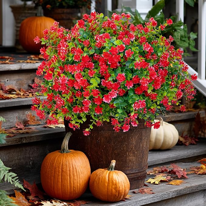 Artificial Flowers for Outdoors Fake Plants - 12 Bundles Faux UV Resistant No Fade Plastic Greenery Home Garden Porch Patio Decoration Boxwood Shrubs (Red)