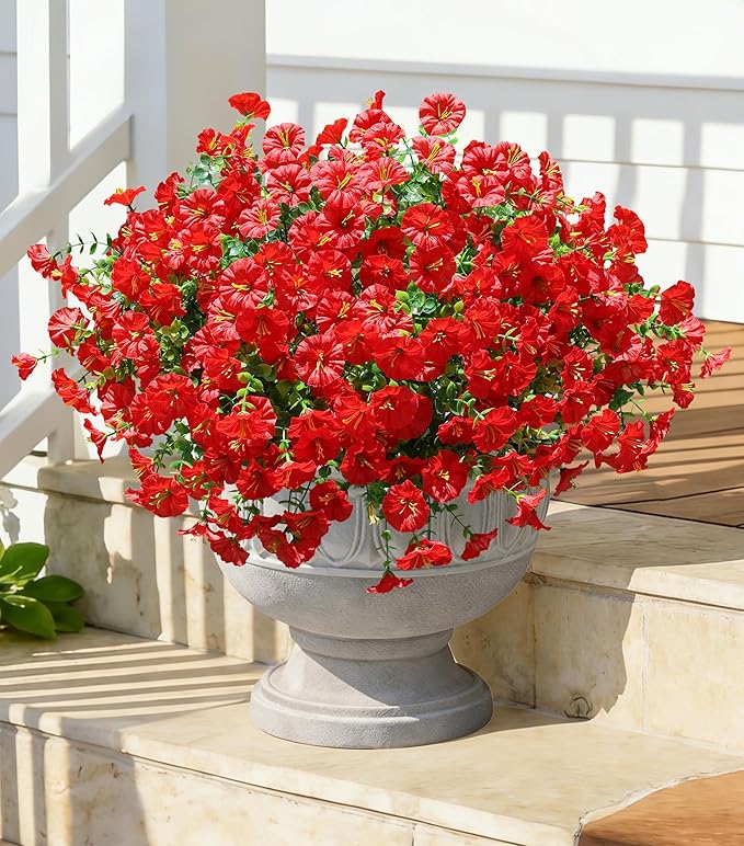 Artificial Flowers Fake Plants for Outdoors Decoration, 12 Bundles Red Silk Morning Glory with Eucalyptus Realistic UV Resistant Faux Flowers Greenery for Outside Planter Yard Garden Home Indoor Patio
