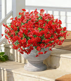 Artificial Flowers Fake Plants for Outdoors Decoration, 12 Bundles Red Silk Morning Glory with Eucalyptus Realistic UV Resistant Faux Flowers Greenery for Outside Planter Yard Garden Home Indoor Patio