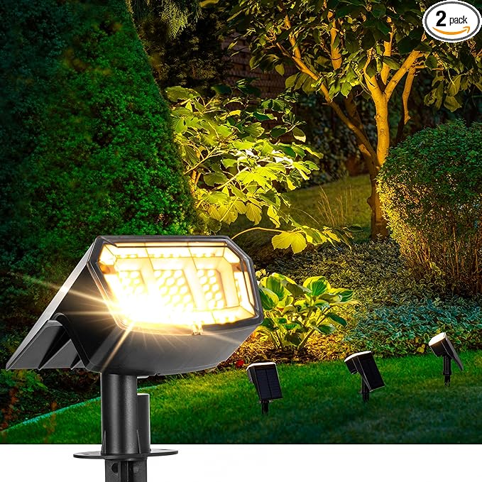 AUDERWIN Solar spotlights Outdoor 63 LED 3 Lighting Modes, IP65 Waterproof Lighten Yard Garden House Garage Pathway for Christmas Decorations-2 Pack