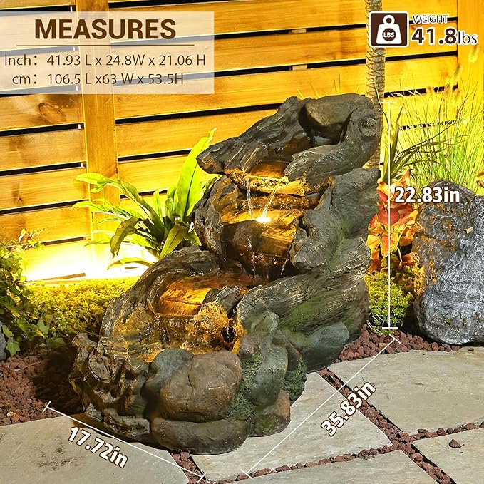 Sunlinua 37" L Outdoor Water Fountain with 3 Tiers Cascading Realistic Tree Trunk Waterfall Fountains with LED Lights Outdoor Water Fountain for Garden Patio Backyard Porch Home Decor
