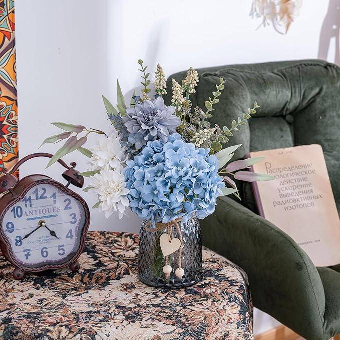 LUEUR Fake Flowers with Vase, Hydrangea Artificial Flowers in Vase Faux Flowers Arrangement Suitable for Home Kitchen Living Room Fall Spring Decor Office Decoration, Centerpiece Table Decorations