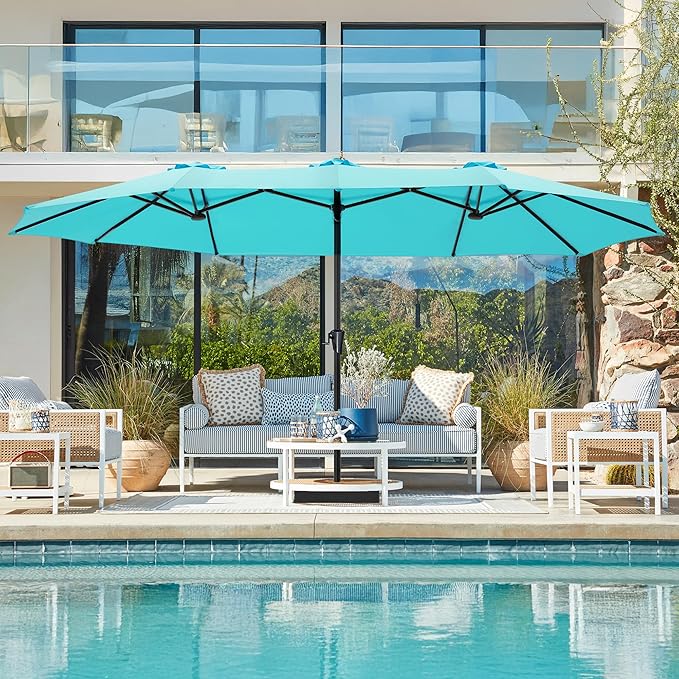 SUPERJARE 15FT Outdoor Umbrella for Patio, Double sided Pool Umbrellas with Fade Resistant Canopy, Large Table Umbrella for Deck, Market, Backyard - Light Blue(No Base)