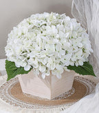Artificial Hydrangea Flowers Arrangement in Wood Planter, 4PCS Fake White Flowers in Wooden Vase Potted Floral Centerpieces for Tables Living Room Home Office Room Shelf Kitchen Decor