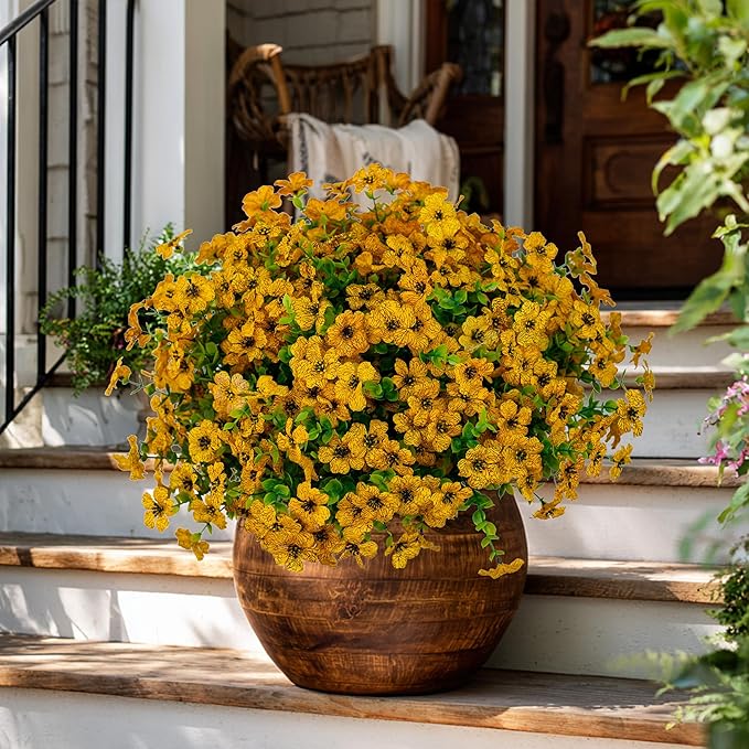 AXYLEX Artificial Fall Flowers for Outdoors Fake Mums - 16 Bundles Faux Plants Outside Greenery Boxwood No Fade Plastic Shrubs Decor Farmhouse Home Garden Thanksgiving (Yellow)