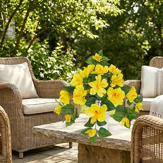 Briful Artificial Hanging Hibiscus Flowers Potted Plant – Faux Tropical Hibiscus with Silk Petals & Lush Leaves – White Square Pot – Yellow Fake Flower for Indoor Outdoor Porch Patio Decor