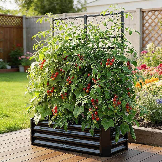 Galvanized Raised Garden Bed with Trellis for Climbing Plants Outdoor,Metal Vertical Garden Planter Box for Patio,Heavy Duty Elevated Garden Bed for Vegetables Tomatoes Cucumbers Flowers Herbs,Black