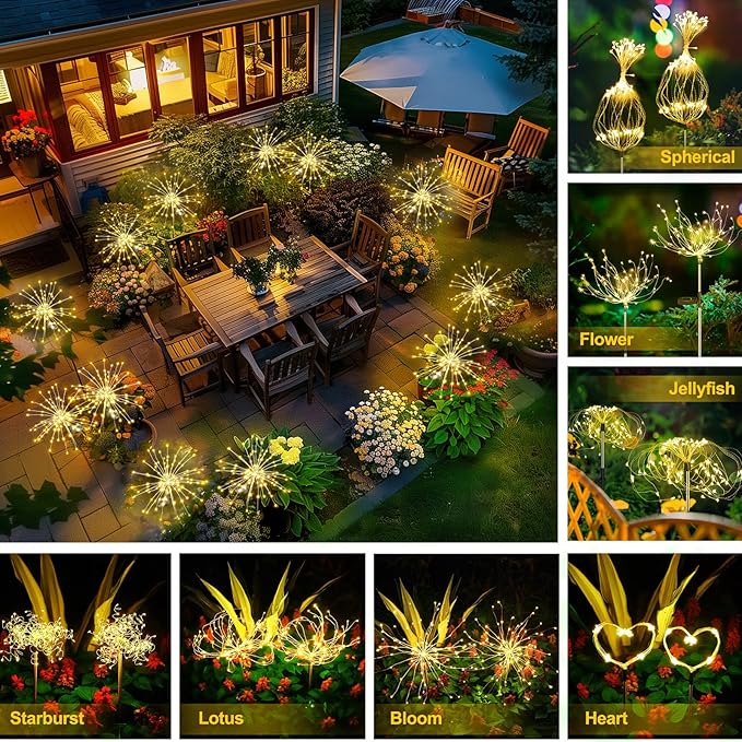 Anordsem Solar Lights Outdoor Waterproof: 4 Pack Garden Light - Bendable Copper Wire with 120 LED Firework Beads - DIY Warm Fun Decoration for Yard Patio - Twinkle Sparkler Gifts for Women Wife