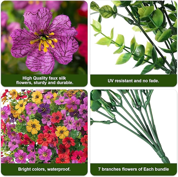 Artificial Flowers for Outdoors Daisy 12 Bundles for Home Decoration, Faux Flower Fake Plants Outside Decoration with Eucalyptus UV Resistant for Planter Porch Patio Yard Garden Colorful