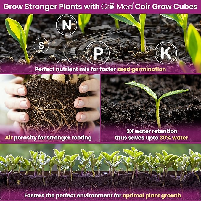 Gro-Med Coco Coir Seed Starter Cubes NPK Enriched for Herbs, Flowers, Vegetables organic Coco 4 Inch Plugs Perfect for Cloning, Cuttings, Propagation - 10 Cubes- Best Alternative to Peatmoss, Rockwool