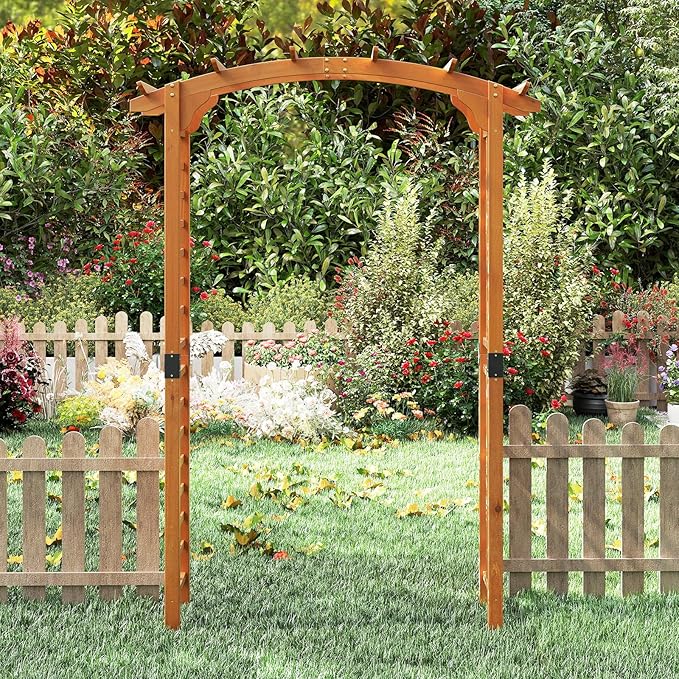 Giantex 7.5FT Wood Garden Arbor Trellis, Wooden Wedding Arch for Ceremony Party, Outdoor Archway Pergola for Climbing Plants, Pathway, Yard, Garden Decor, Easy Assembly (Honey Brown, 63''W x 90''H)