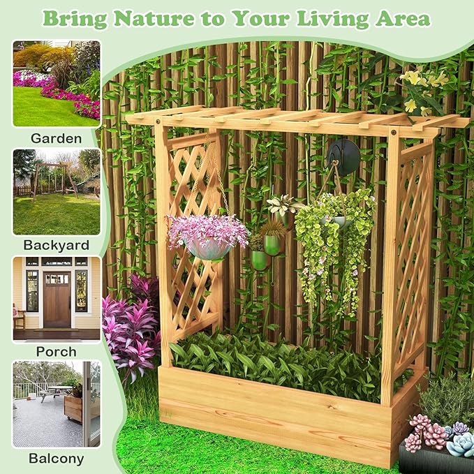LDAILY Raised Garden Bed with Trellis, Above Ground Garden Bed with Hanging Roof, Side Trellis, & 4 Drainage Holes, Planter Box for Outdoor Climbing Plants Vines Flowers (2, 43.5"L x 17.5"W x 44.5"H)