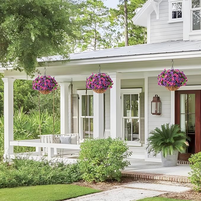 Homsunny Artificial Fake Hanging Flowers with Basket for Outdoors, Faux Silk Petunias Flower Spring Summer Decor UV Resistant Look Real Outside Patio Front Porch Decorations