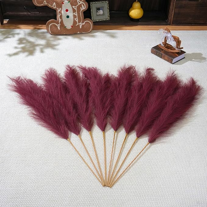 Premium Faux Burgundy Red Pampas Grass – 43.3" Tall Fluffy Romantic Decor, 8pcs 18-Branch One-Piece Stems No Assembly, Luxury Feather Flowers for Wedding Holiday Decor (Claret Red, 8 Stems / 110cm)