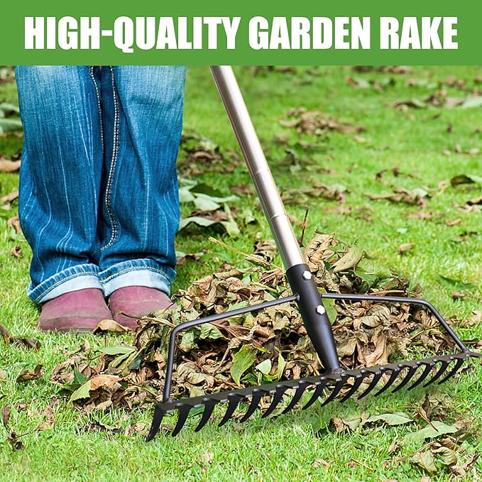 YEELOR Garden Rake, Heavy Duty 16-Tine Bow Rake with Adjustable Stainless Steel Handle, Metal Rake for Yard Work, Loosening Soil, Leveling Mulch, Gathering Leaves