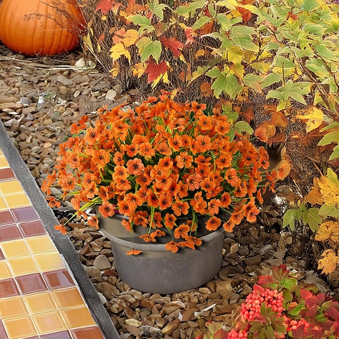 Artificial Fake Plants Flowers for Outdoor Outside Fall Decoration,24 Bundles Faux Silk Orange Daisy in Planter UV Resistant Look Real for Home Front Door Porch Patio Garden Balcony Autumn Decor