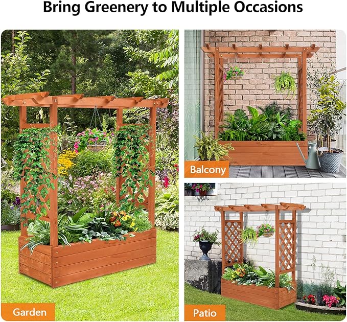 VINGLI 45 in Raised Garden Bed with Trellis & Hanging Roof, Wooden Elevated Planter Box with Drainage Holes for Outdoor Climbing Plants Vegetables Flowers, Patio Yard Balcony